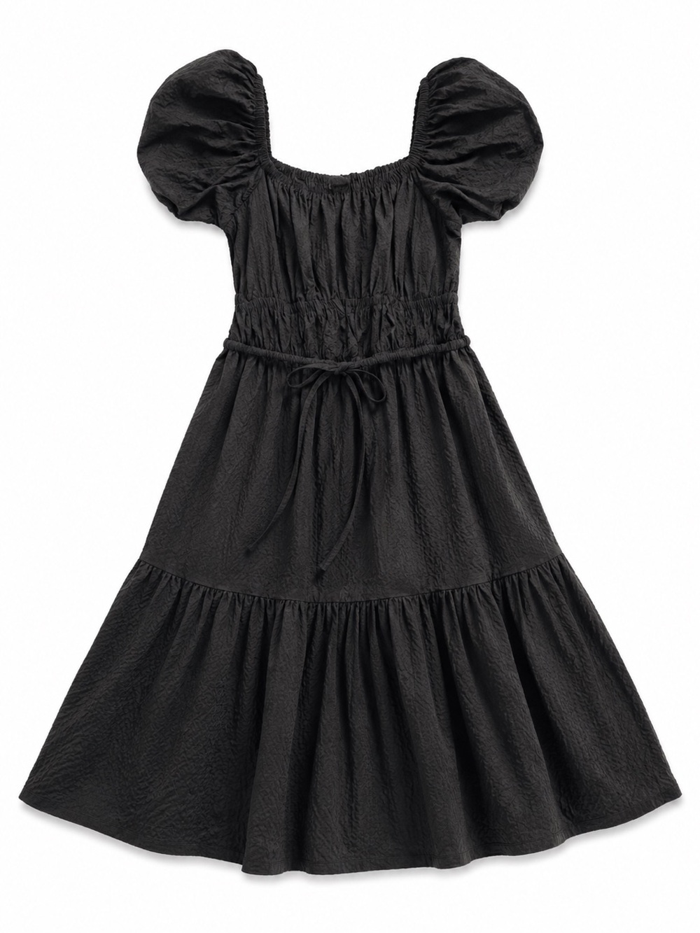Womens Black Puff-Sleeve Tiered Dress